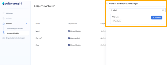 Abbildung: Aha! Labs wird zur Blacklist hinzugefügt – 1 Applikation ist betroffen